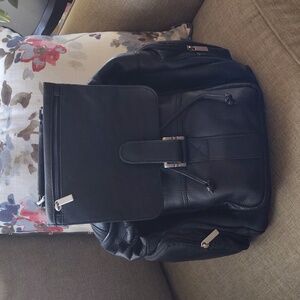 Black Leather Drawstring Backpack Messenger Bag Commuter Travel Carry-On Tote